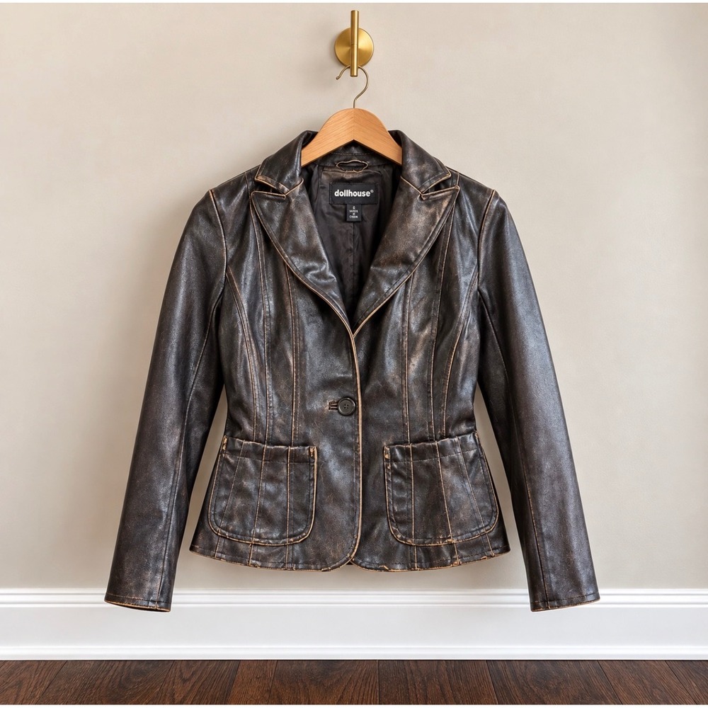 Dollhouse Vintage Distressed Faux Leather Blazer Jacket Brown Size S 411268Z